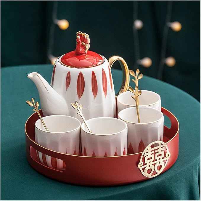 Iced Tea Pitchers Ceramic Luxury Tea Set Household Flower Tea Pot Water Kettle Cup Set Teaware 1 Teapot 4 Cups with Tray for Wedding Gift for Home Kitchen coffee cup