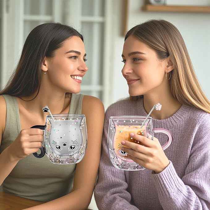Gifts for Women Cat Gifts Double Walled Glass Coffee Latte Cup Cute Stuff Black Cat Mug Gifts for Her Christmas Stocking Fillers,Birthday,Valentines,Halloween Presents for Women,Men,Kid,Mum,Teacher