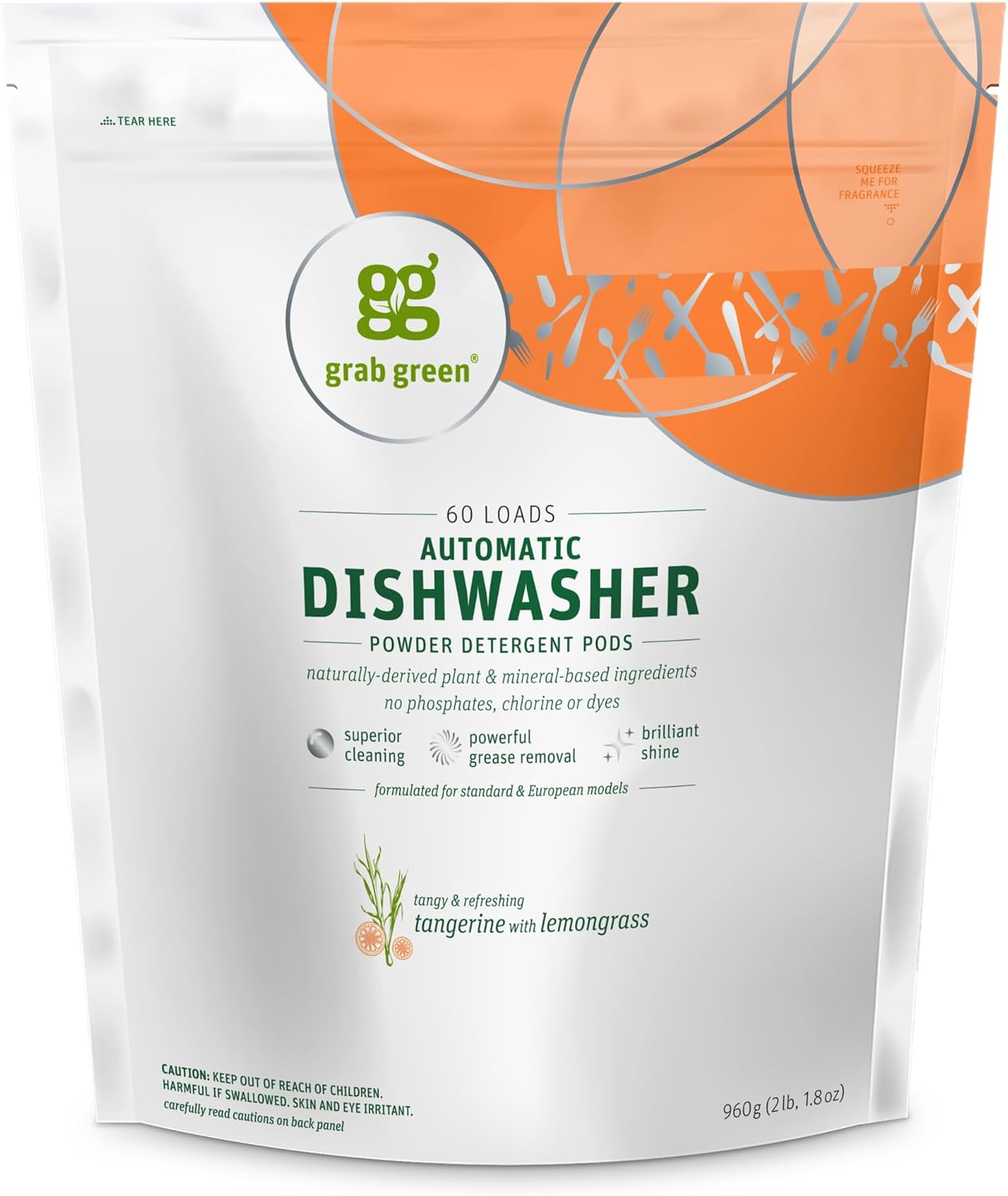 Grab Green Automatic Dishwashing Detergent Pods, 60 Count, Tangerine Lemongrass Scent, Plant and Mineral Based, Superior Cleaning, Powerful Grease Removal, Brilliant Shine - Blissbrew