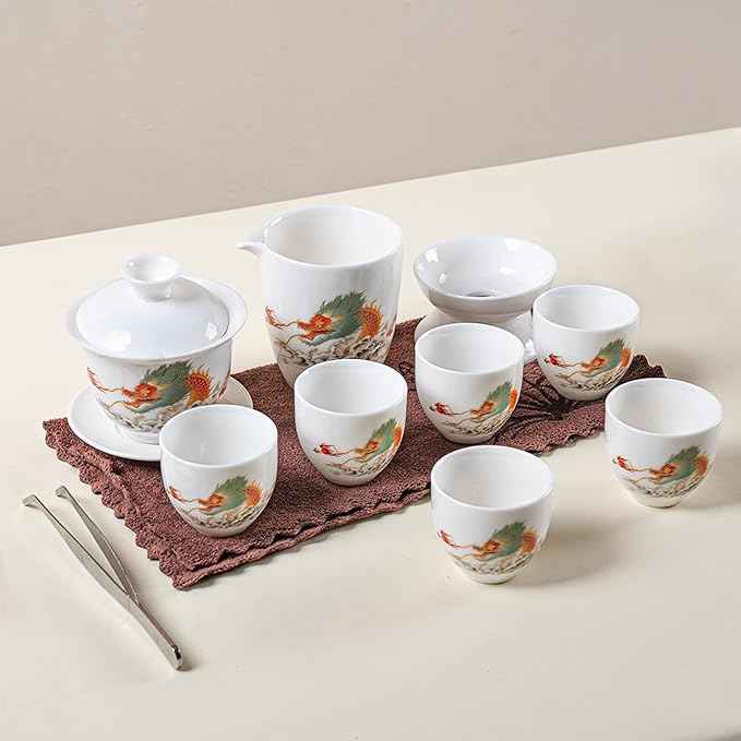 KEYDUACU Gaiwan Chinese Gongfu Tea Set，Asian Adult White Ceramic Tea Set, 6 Cups Suitable for Small Gatherings, Home and Office,Gift Giving.(Home-China Dragon)