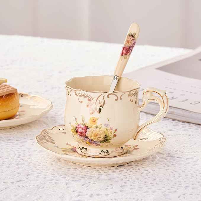 YOLIFE Tea Cups and Saucers Set of 6, Ivory Porcelain Tea Cups Set with Stand, Floral with Gold Leaves Trim Design, Gift for Women (Includes Gift Box, Tote Bag, Greeting Card)