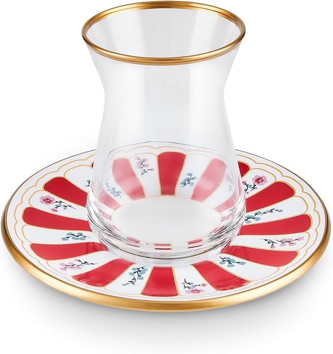 KARACA Bursa 12-Piece Turkish Tea Glass & Saucer Set 132 ml – Red Glass Tea Set for 6 People