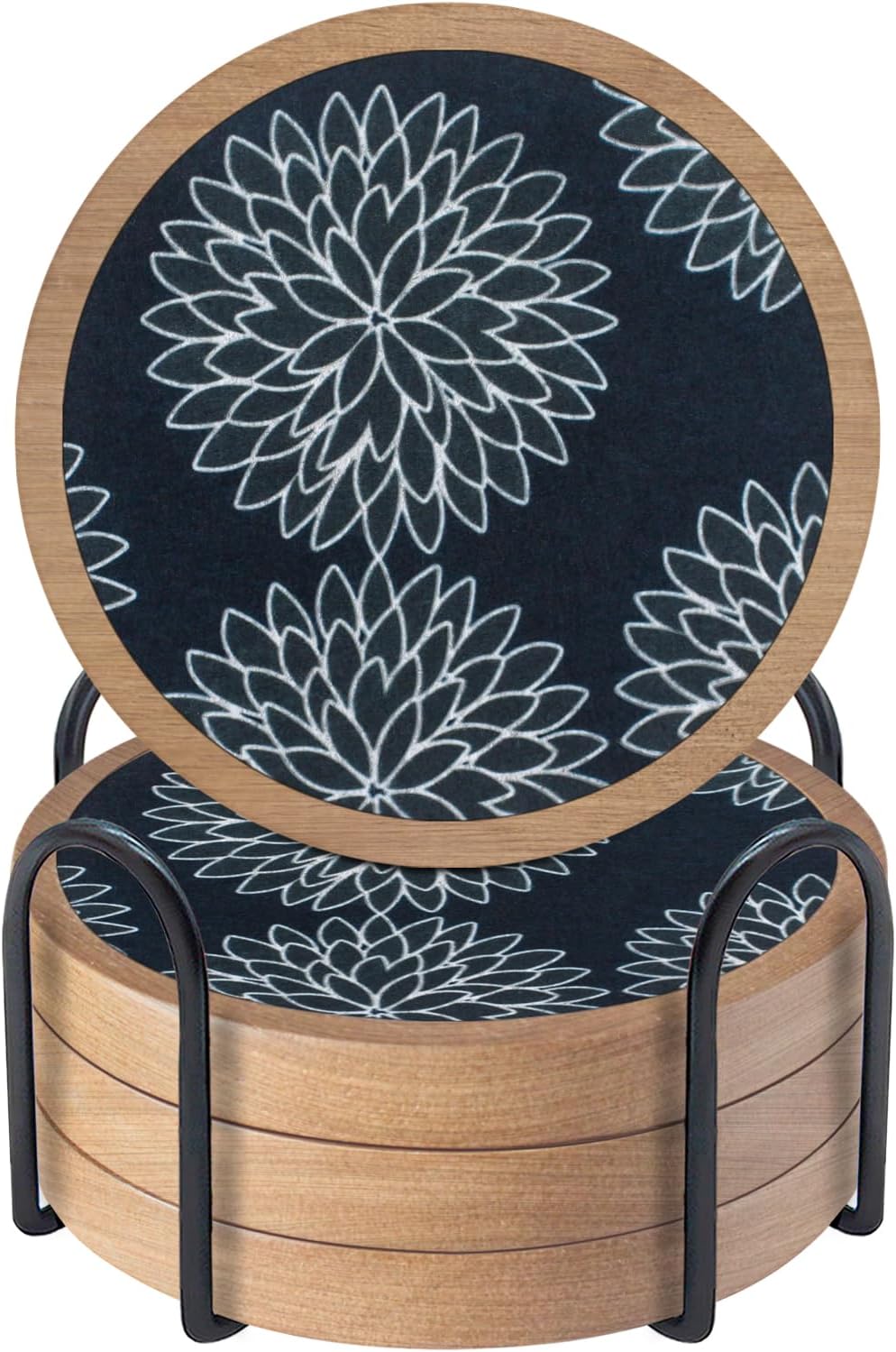 Wood Coasters Set of 4 with Holder, Cewiru Cup Mat for Drinks, Absorbent Coasters with Felt Insert for Coffee Table Protection, Modern Style Home Dining Table Decor, 4.3