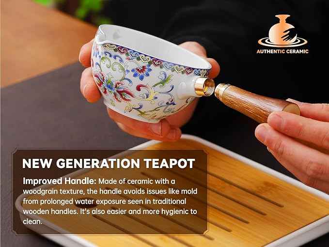 Chinese Tea Set Gongfu Tea Set, Japanese Tea Set with 360 Rotation Tea Maker and Infuser,Leather Bag for Travel, Outdoor,Office, Home, Gifting (4cups-White Treasure Flower)