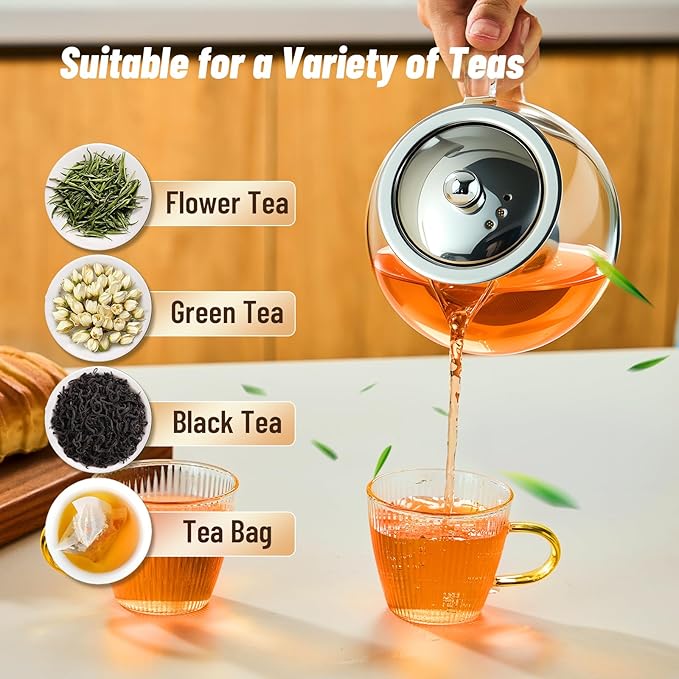 Baalaka Glass Teapot Stovetop 22 OZ/650ml, Tea pot with Removable 18/8 Stainless Steel Infuser, Borosilicate Clear Tea Kettle, Teapot Blooming and Loose Leaf Tea Maker Tea Brewer for Camping, Travel