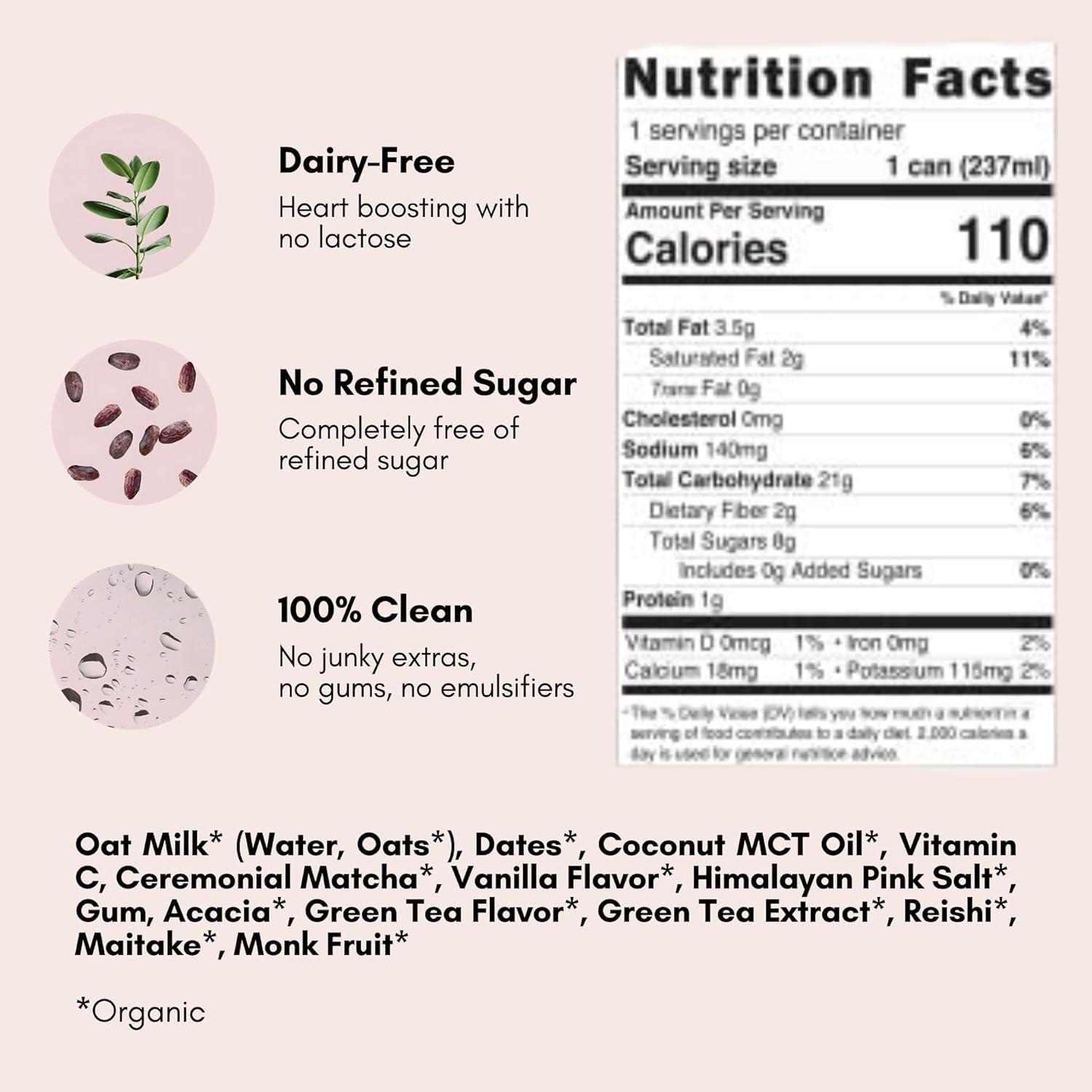 Pop & Bottle, Vanilla and Matcha Oat Milk Lattes - Reishi and Maitake Mushrooms, Green Tea, Cold Brew, Marine Collagen, MCT Oil, Organic, Dairy & Gluten Free, Vegan - 8 Fl Oz, (Pack of 12), 6 Each
