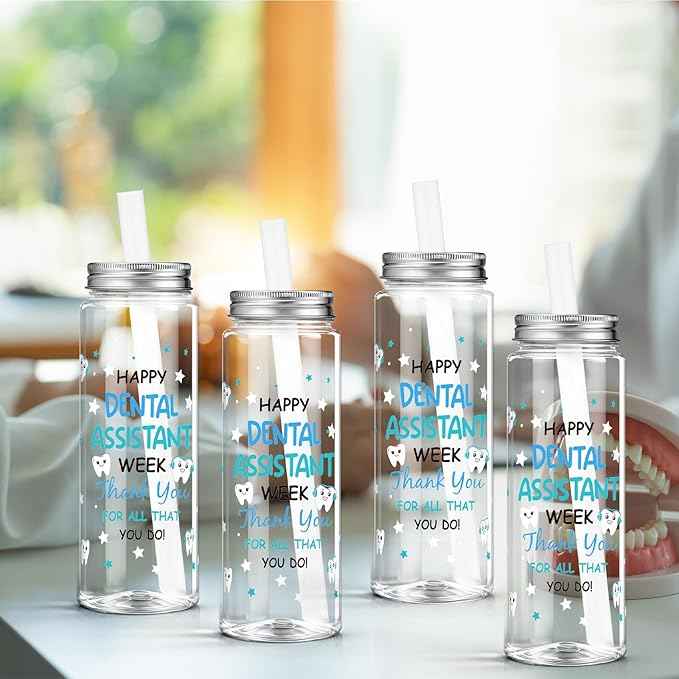 Vesici 24 Pcs Dental Assistants Week Gift 14.2oz Thank You Gifts Tumbler with Lid and Straw Dental Assistants Appreciation Party Favors Decorations Plastic Reusable Tumbler for Women Men Coworker