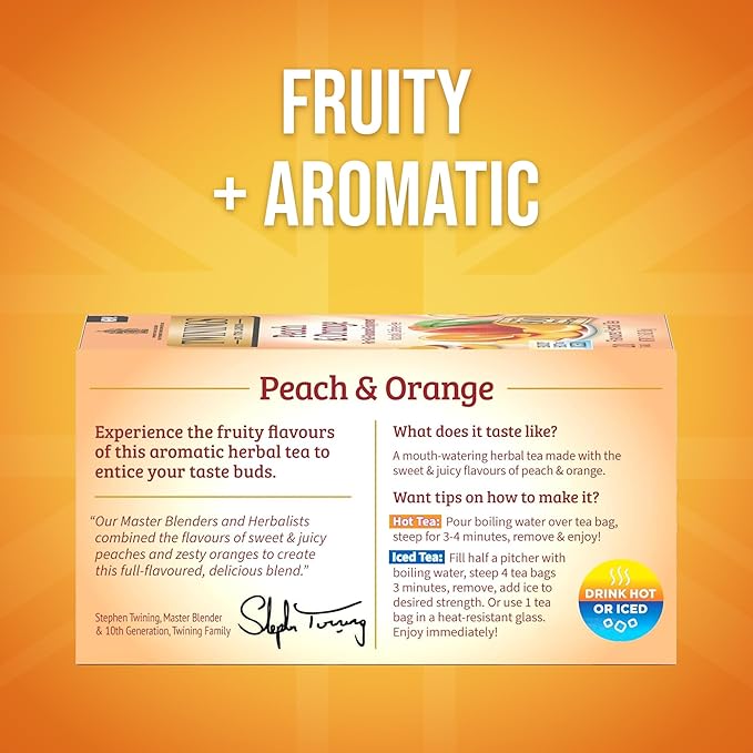 Twinings Peach & Orange Herbal Tea Individually Wrapped Bags, 20 Count (Pack of 1), Juicy & Fruity, Naturally Caffeine-Free, Enjoy Hot or Iced