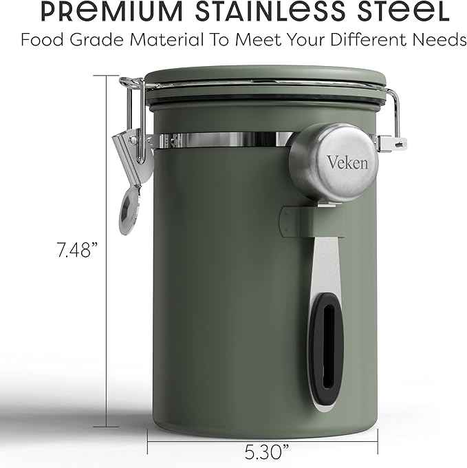 Veken Coffee Canister with Window, Easter Gifts Airtight Stainless Steel Container with Lids, Home Kitchen Food Storage Jars for Grounds, Beans, Tea, Flour, Cereal, Sugar, Basket, Scoop, 22OZ, Green