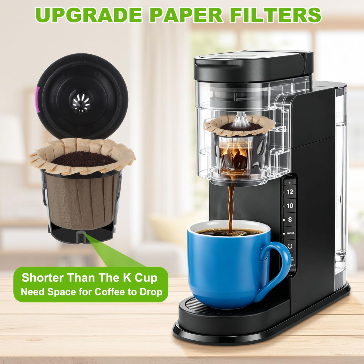 Paper filters sized for short reusable coffee pods