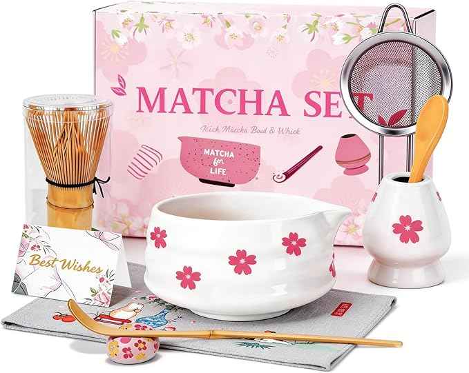 8Pcs Cute Ceramic Matcha Set with Whisk Bowl, Matcha Tea Kit Holder, Bamboo Scoop, Sifter, Towel Included, Valentine's Mother's Day Gift for Matcha Lover Women (White Sakura)