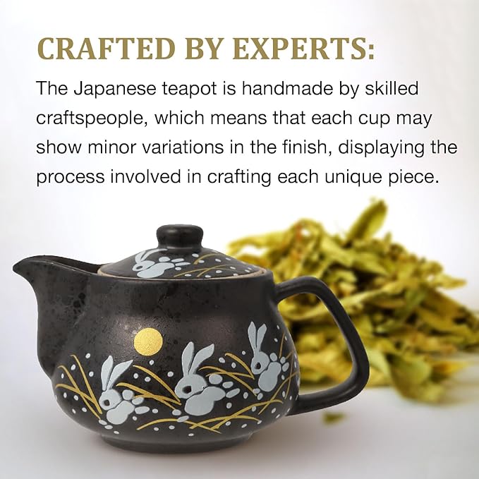 10oz bunny kyusu Rabbit Kutani Yaki(ware) Japanese Teapot with Removable Infuser, Handle Mug Stovetop Safe Tea Kettle, Blooming and Loose Leaf Tea Maker Set(Ceramic, Rabbit Black)