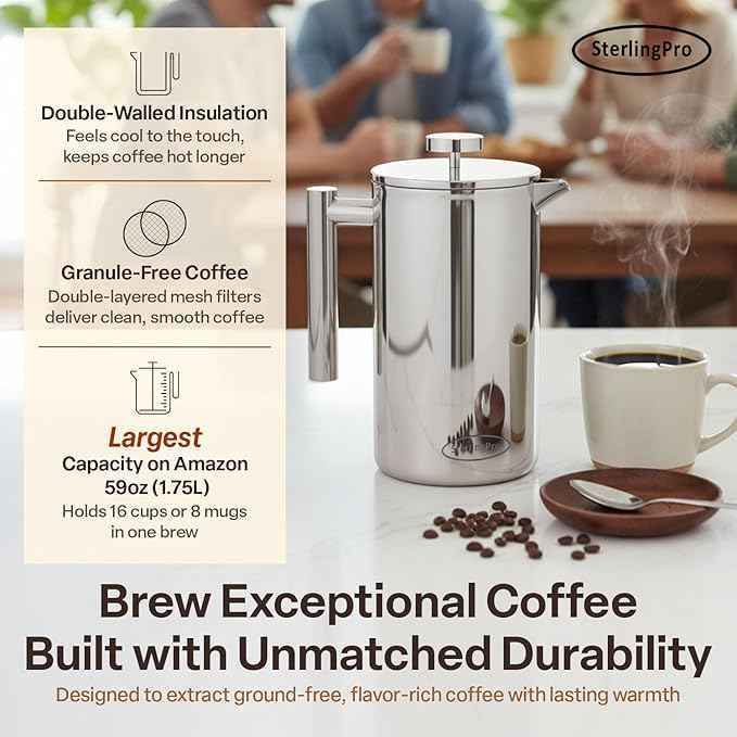 Stainless Steel French Press Coffee Maker 1.75 L (59 oz) Mirror – Double Walled Insulated Extra Large French Press, Durable Design Keeps Drinks Hot, Easy to Use and Clean for Rich Flavor