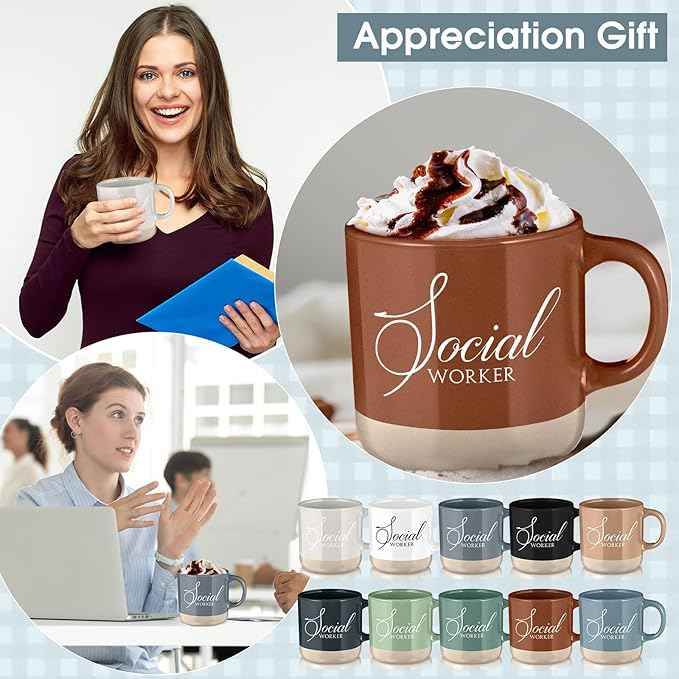 10 Pcs Social Worker Appreciation Gifts Bulk 13 oz Ceramic Coffee Mugs Social Worker Month Thank You Cups for BSW MSW DSW LCSW Must Haves Office Work, 10 Colors