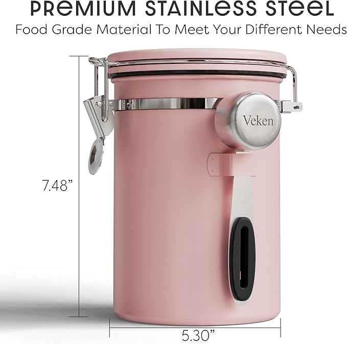 Veken Coffee Canister with Window, Easter Gifts Airtight Stainless Steel Container with Lids, Home Kitchen Food Storage Jars for Grounds, Beans, Tea, Flour, Cereal, Sugar, Basket, Scoop, 22OZ, Pink