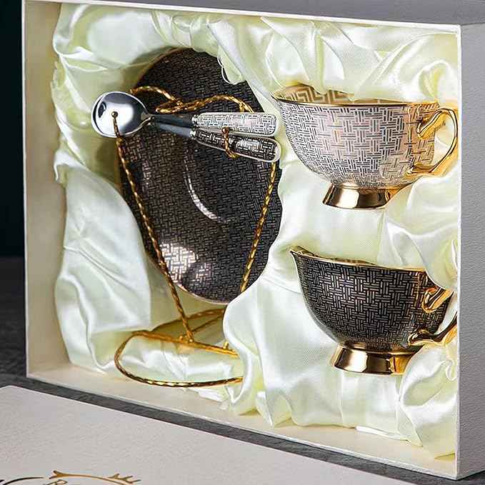 Chinese Bone China Coffee Tea Set, Retro Floral Tea Gift Set, Suitable for Christmas, Father'S Day, Birthday, Halloween Party Gifts (Noble Black and White 2 Cups)