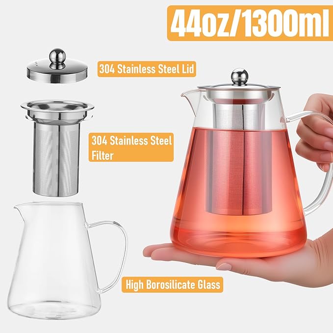 Baalaka Glass Teapot 44oz/1300ml, Tea Pot with Removable Infusers for Loose Tea, Borosilicate Glass Tea Kettle Tea Maker Stovetop for Camping, Tea Infuser for Loose Leaf Tea Travel