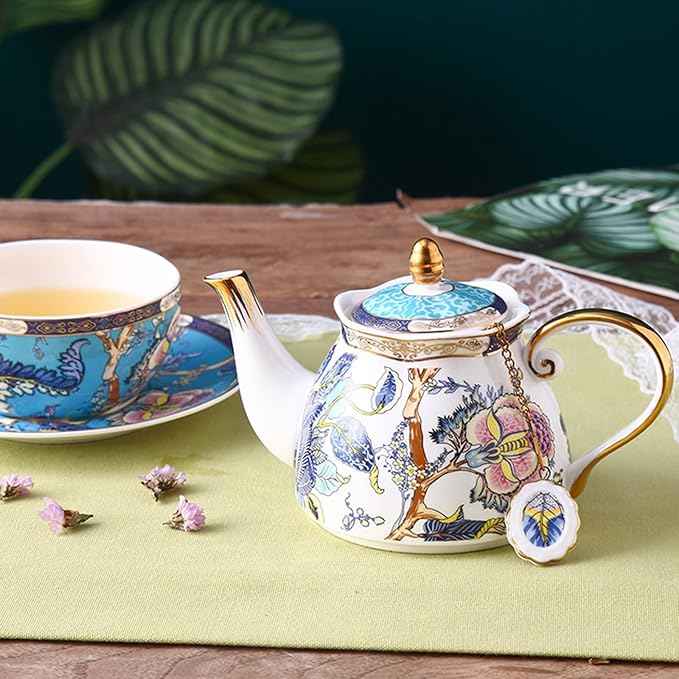Luxury Pot 3 Pieces,Blue Birds and Flowers Tea for One Set,Ceramic Tea Cup and Saucer Set with Teapot, Gift Package for Party Service Room Decoration