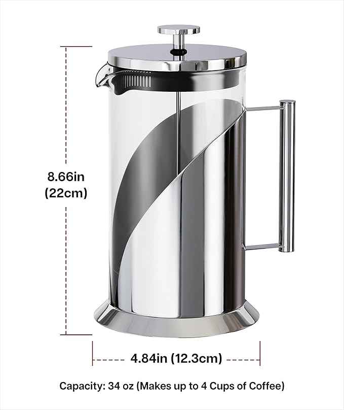 Cafe Du Chateau Stainless Steel French Press Coffee Maker 34 oz – Insulated Coffee Press with 4-Level Filtration, Manual Brewer for Tea, Camping & Travel, BPA-Free Glass (Pack of 2)