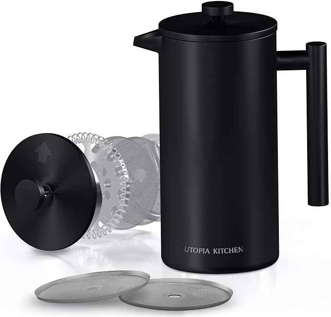 Utopia Kitchen 304 Grade Stainless Steel French Press Coffee Maker 21 Oz, Double Wall Insulated Coffee Press with 4-Level Filtration system, Include 2 Extra Filters, Rust-Free, Black