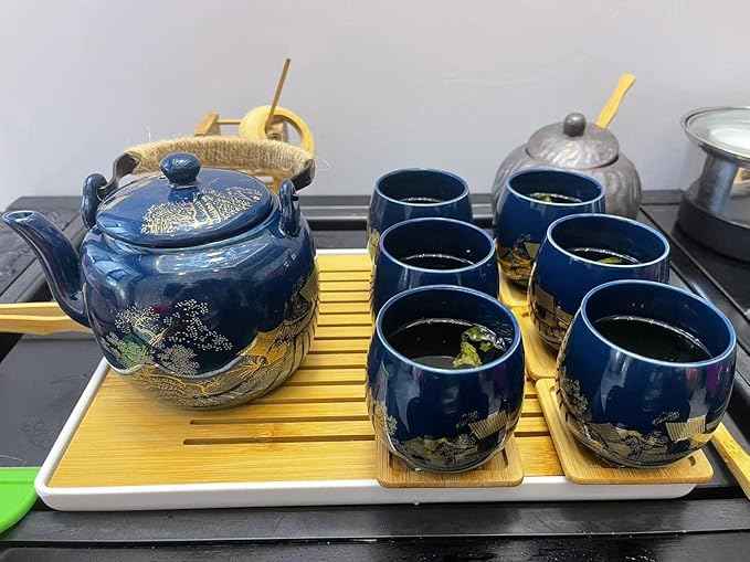 Japanese Tea Set, Black Glazed Tea Set in Gift Box With 1 Teapot, 1 Tea Strainer, 1 Tea Tray and 6 Tea Cups. Ideal Tea Set for Office Home, Asian Tea Sets for Tea Lovers(Country Blue)