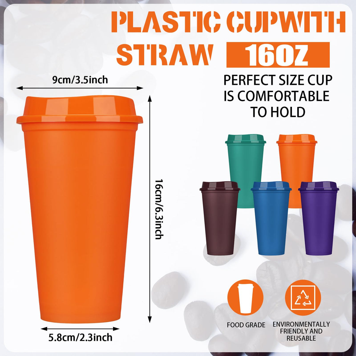 Colorful 16 oz plastic coffee cup with vented lid