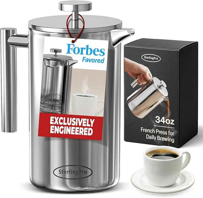 Stainless Steel French Press Coffee Maker 1 L (34 oz) Mirror – Double Walled Insulated Large Coffee Press, Durable Design Keeps Drinks Hot, Easy to Use and Clean for Rich Flavor Brewing