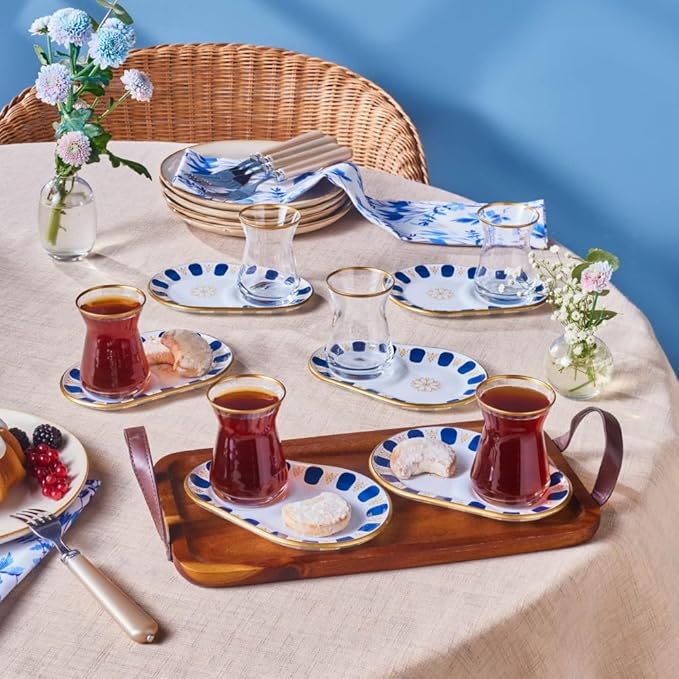 KARACA Belem Turkish Tea Glasses Set, 12-Piece Tea Set for 6 People, Tea Glasses with Gold Rim and Navy Blue Accents