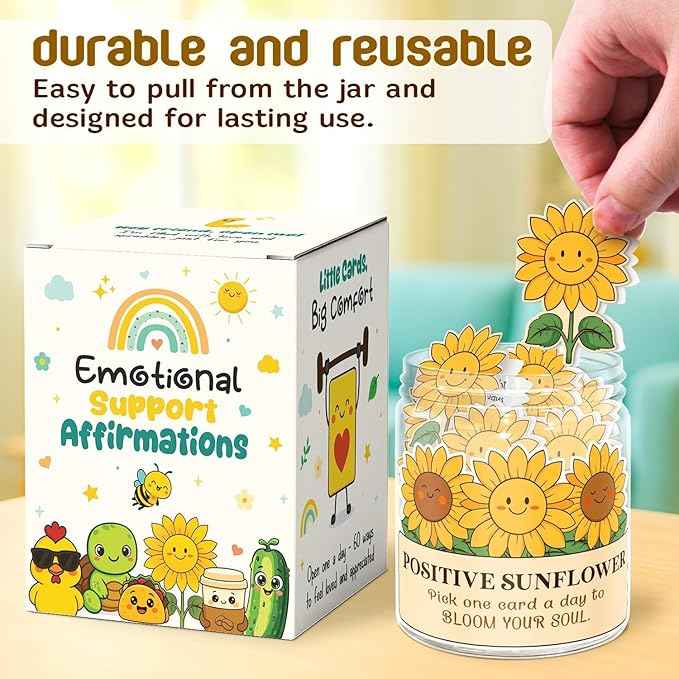 Positive Sunflower Jar with 60 Daily Affirmation Cards, Emotional Support Sunflower Gift, Sunflower Decor, Sunflower Gifts for Women, Birthday or Get Well Gifts
