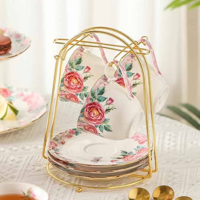 15 Piece Bone China Tea Cup Sets, Elegant Flower Painting Teapot Cup Saucer,Sugar Bowl Cream Pitcher Teaspoons for Tea/Coffee,Gifts Set for Adults.
