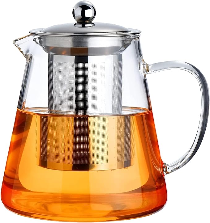 PARACITY Glass Teapot Stovetop 44 OZ, Borosilicate Clear Tea Kettle with Removable 18/8 Stainless Steel Infuser, Teapot Blooming and Loose Leaf Tea Maker Tea Brewer for Camping, Travel (1300ml)