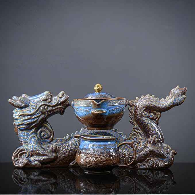 Chinese Gongfu Tea Set - Ceramic 360 Rotating teapot with Infuser, 8Cups, Semi Automatic Dragon Design for Loose Leaf Tea (Gift Box Set)