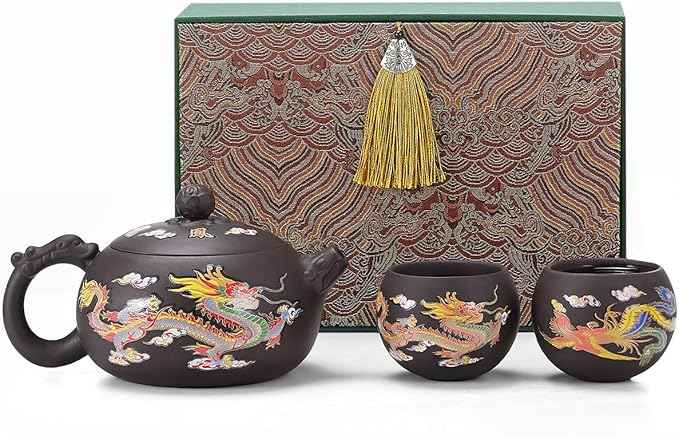 Handmade Color-Changing Yixing Clay Teapot - 18oz Large Purple Clay Chinese Enchanted Tea Kettle, Kung Fu Tea Set with Luxury Gift Box for Tea Lovers, Teapot+2 Teacups