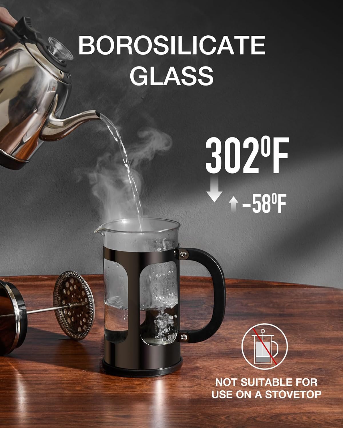 BAYKA French Press Coffee Maker 34 Ounce 1 Liter, Borosilicate Glass Stainless Steel Brewer, Large Portable Cold Brew Cafetera Teapot for Kitchen Travel Camping Coffee Bar Accessories, Dark Pewter - Blissbrew