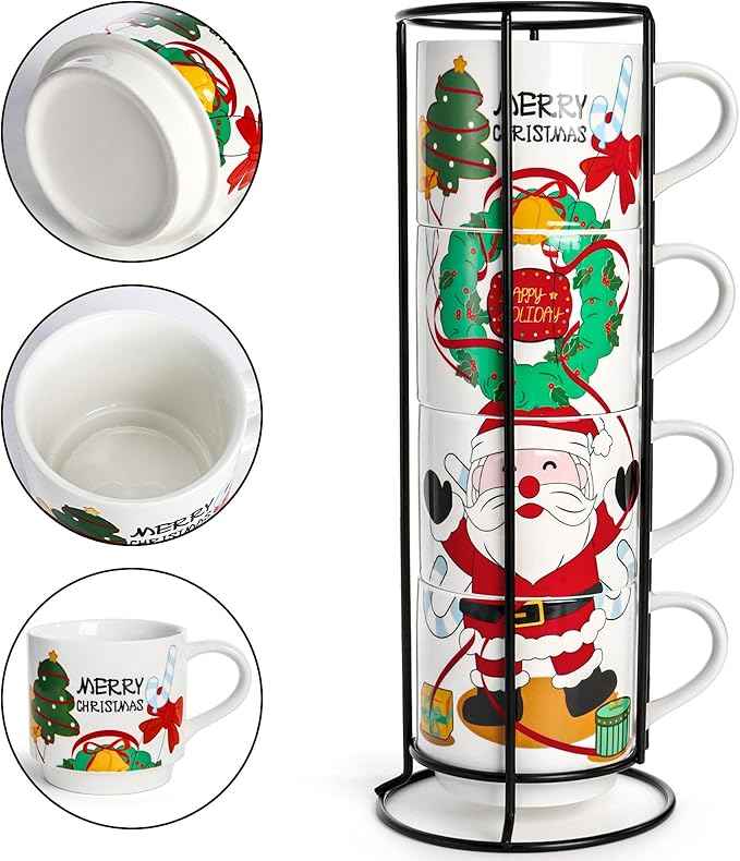 Peohud Set of 4 Christmas Coffee Mugs, 14 Oz Stackable Cappuccino Cups with Metal Stand, Porcelain Holiday Hot Cocoa Mugs Gift Set for Families, Friends, Latte, Americano, Milk, Beverages