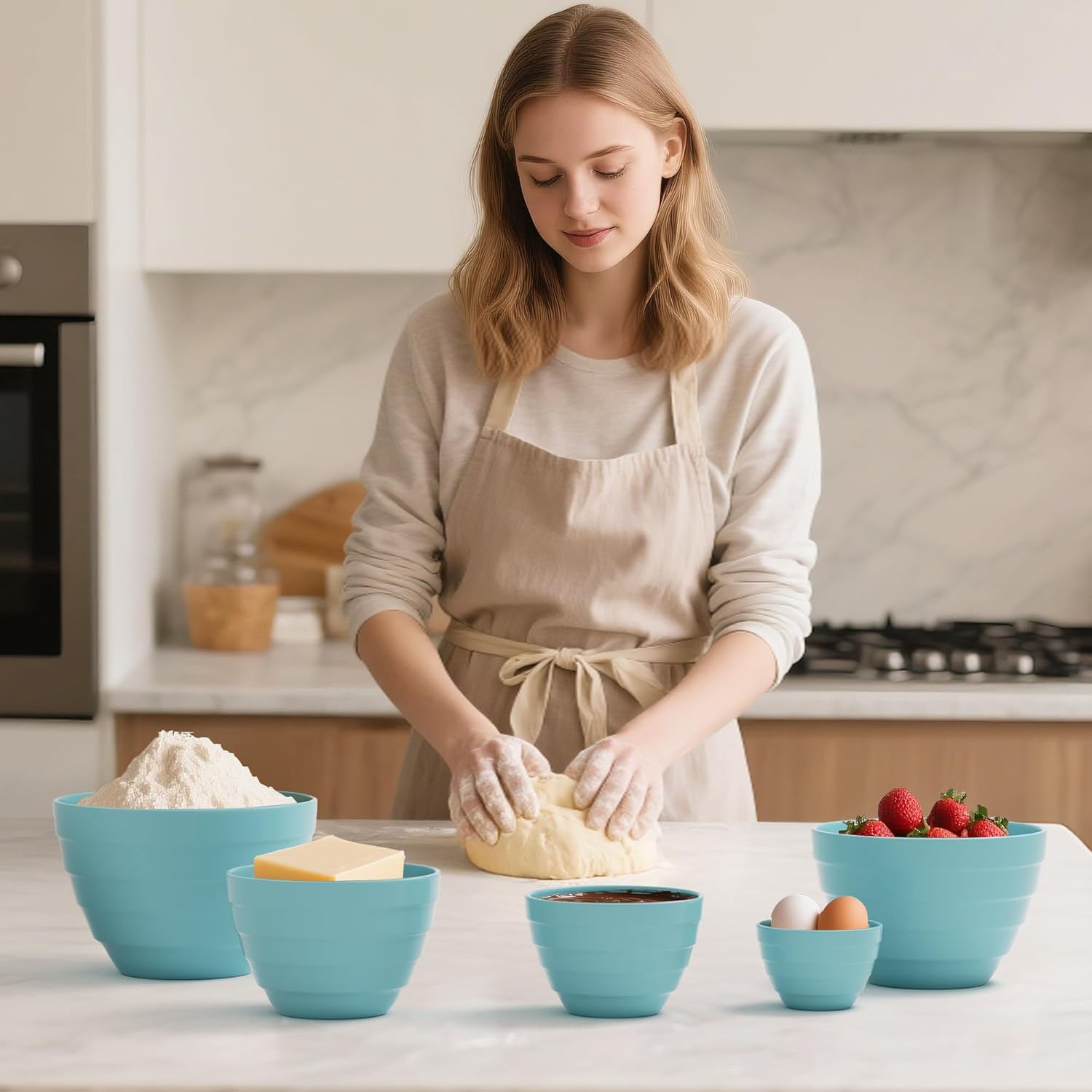 TP Mixing Bowls with Lids, 10-Piece Nesting Melamine Bowls Set for Prepping Serving Baking Cooking, Non Slip Bottom, Set of 5, Teal