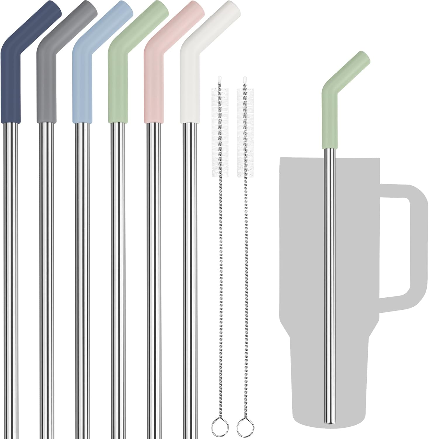 Tomorotec 6-Pack Morandi Colors Silicone Tip Stainless Steel Straws for 40oz Stanley Tumblers with 2 Cleaning Brushes, BPA-Free 13