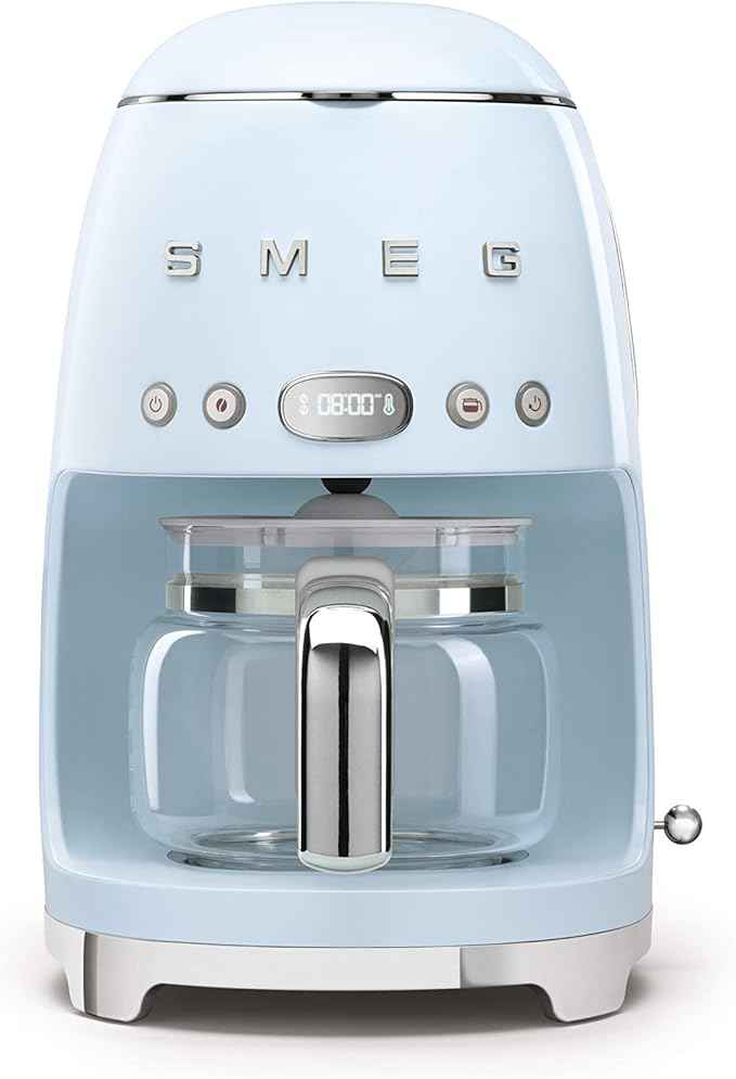 Smeg 50's Retro Style Aesthetic Drip Coffee Machine with 10 Cup Glass Carafe, Auto Start Feature, Keep Warm Plate, and Two Coffee Strength Settings (Pastel Blue)