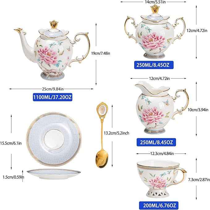21-Piece Bone China Tea Set for 6, Vintage Floral Butterfly Design with Gold Trim, Includes Teapot, Sugar Bowl, Creamer & Cups/Saucers, Elegant Gift for Tea Lovers