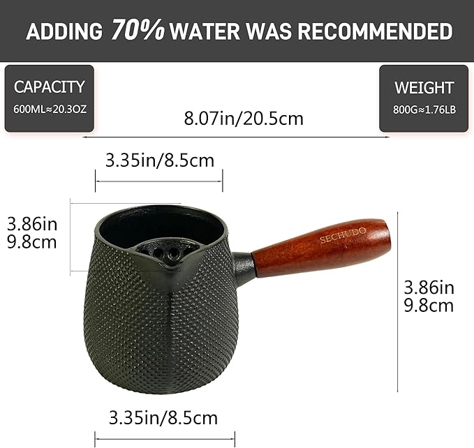600ml Cast Iron Teapot Set, Japanese Tea Kettle for Stovetop without Lid, 20.3 fl oz Tea Set with Stainless Steel Teacups and Cast Iron Tea Warmer, Tea Ball for Loose Leaf, Wooden Side-handle