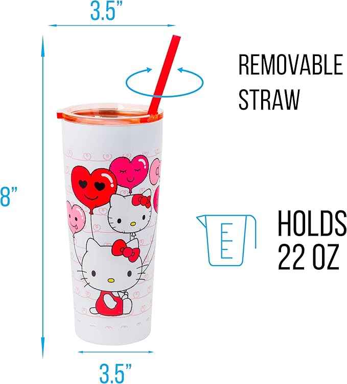 Silver Buffalo Hello Kitty Heart Balloons Double Walled Stainless Steel Tumbler with Straw, 22 Ounces (Pack of 12)