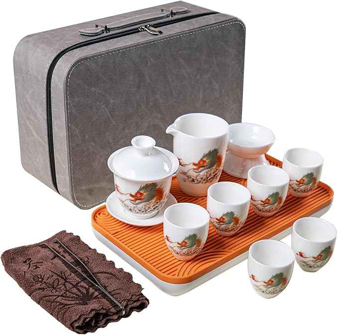 KEYDUACU Gaiwan Chinese Gongfu Tea Set，Asian Adult White Ceramic Tea Set, 6 Cups Suitable for Small Gatherings, Home, Office and Travelling, Gift Giving.(Travel-China Dragon)