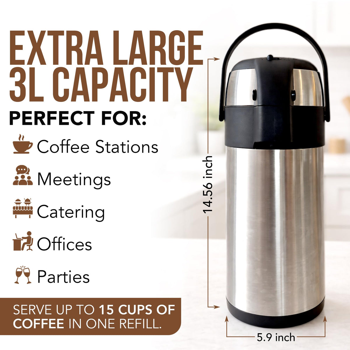 Wide-mouth opening on a stainless steel airpot
