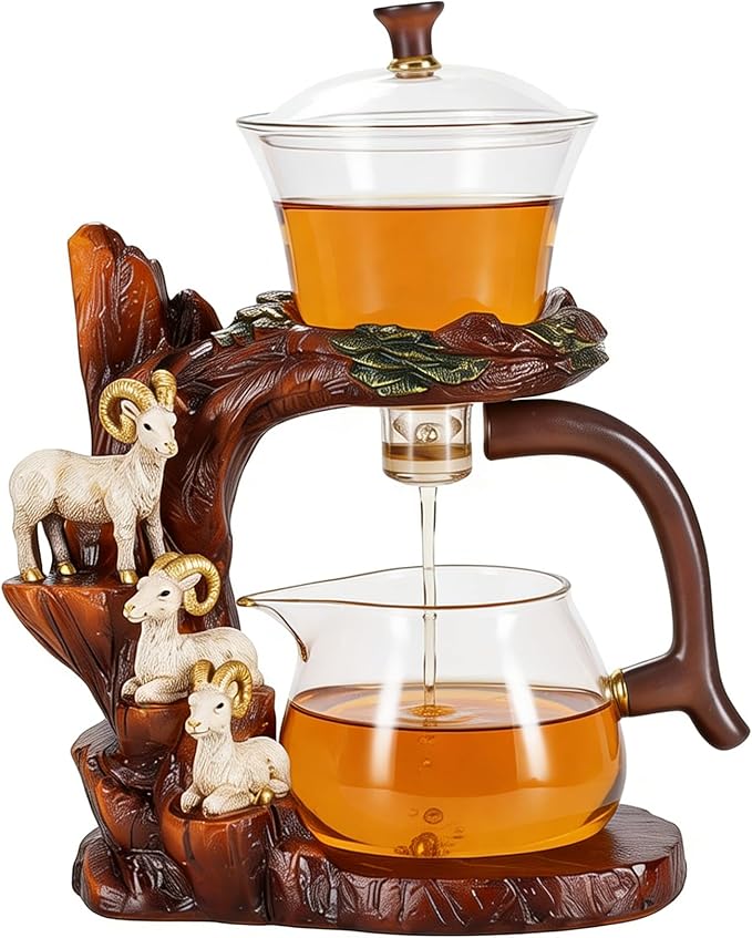 Glass Teapot Set with Infuser Semi Automatic Tea Set Lazy Kungfu Attraction Drip Rotating Magic Teapot Set (Goat)