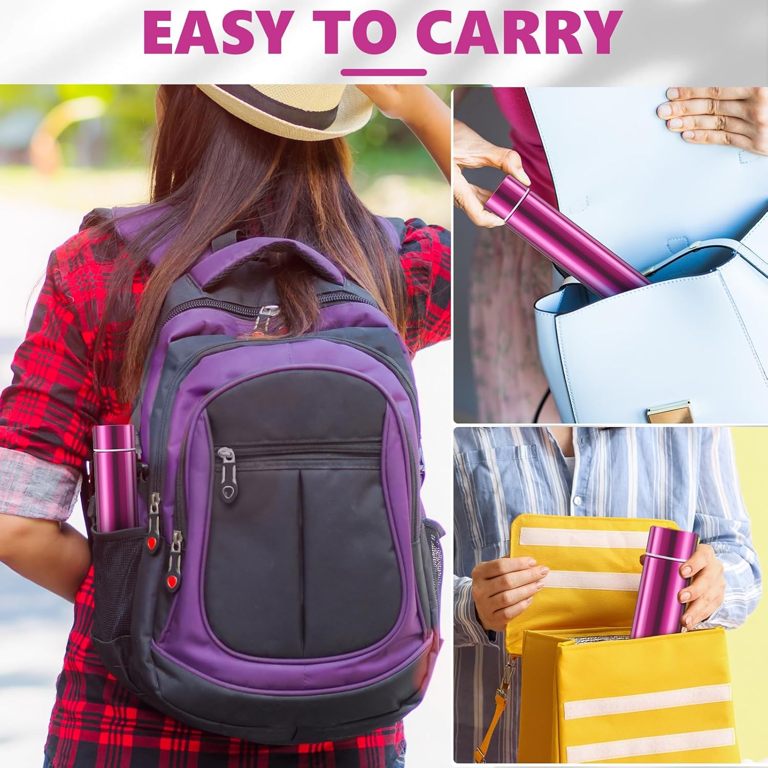 Vesici 1 Pack Slim Water Bottle 8.8 oz Small Stainless Steel Purse Compact Insulated Water Bottles Camping Travel Backpack Pocket Flask for Car Cold Coffee Tea (Hot Pink)
