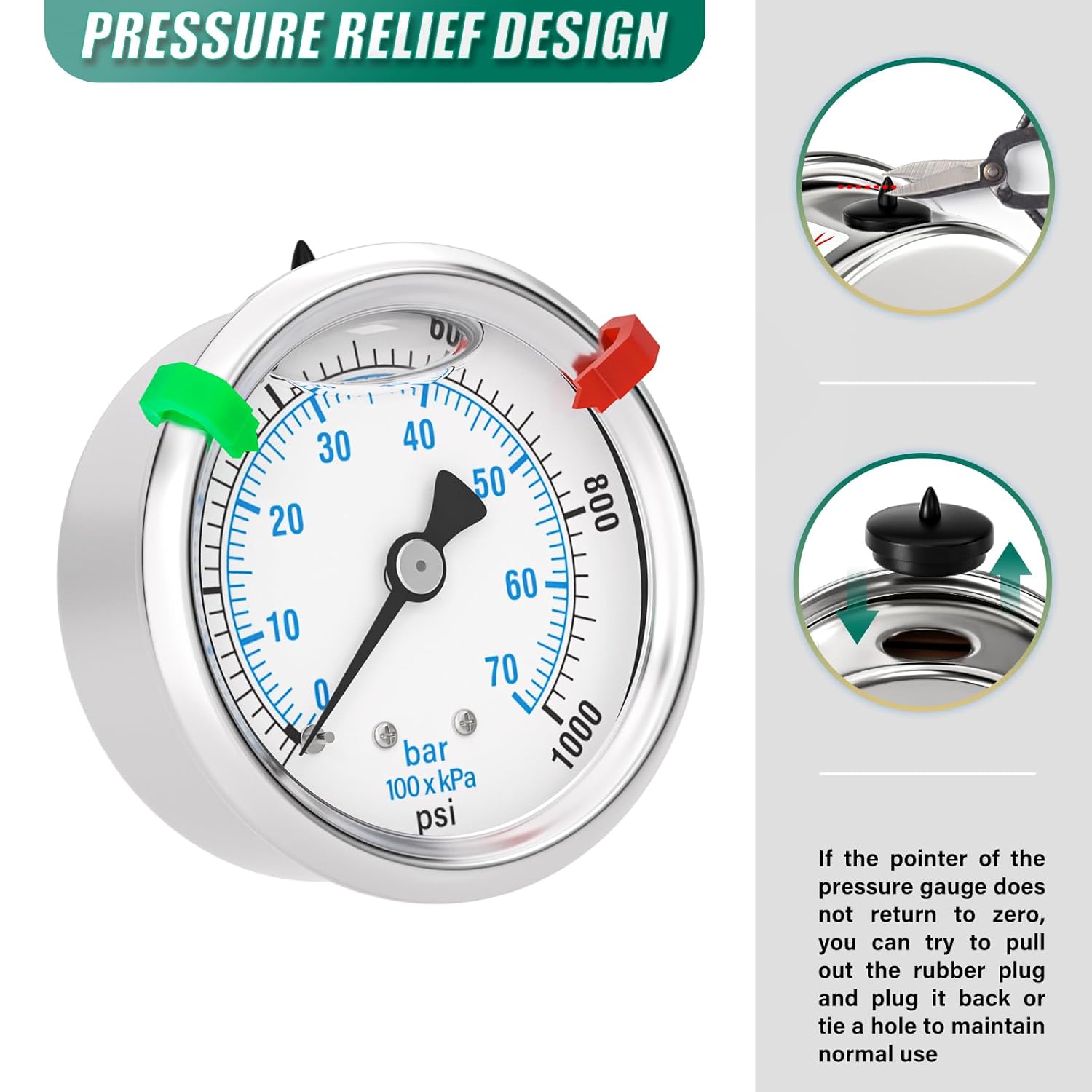 0-1000PSI Stainless Steel Liquid Filled Pressure Gauge, 2.5" Dial Size, 1/4" NPT Back Mount, for Tube, Water Pump, Gas, Liquid, Pressure Test (with Range Mark Pointer)
