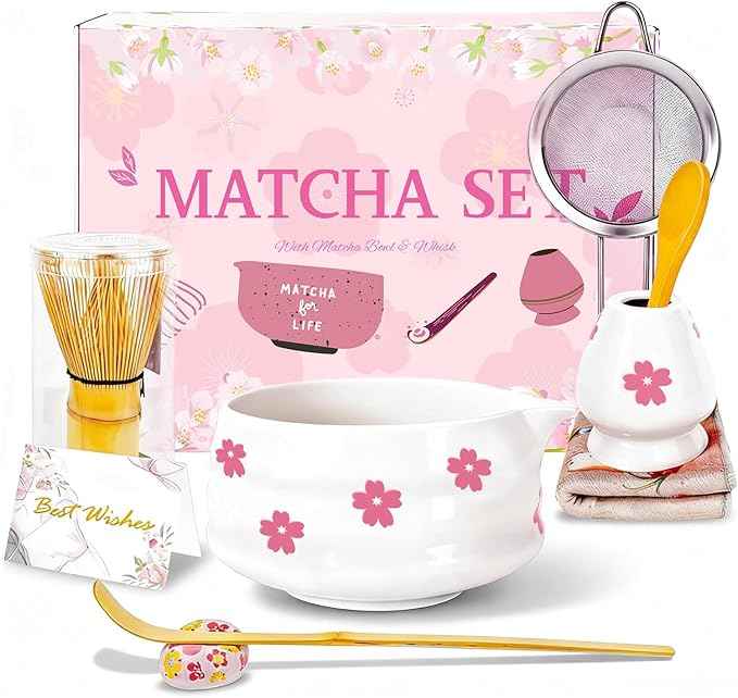 8Pcs Cute Ceramic Matcha Set with Whisk Bowl, Matcha Tea Kit Holder, Bamboo Scoop, Sifter, Towel Included, Valentine's Mother's Day Gift for Matcha Lover Women (White Sakura)