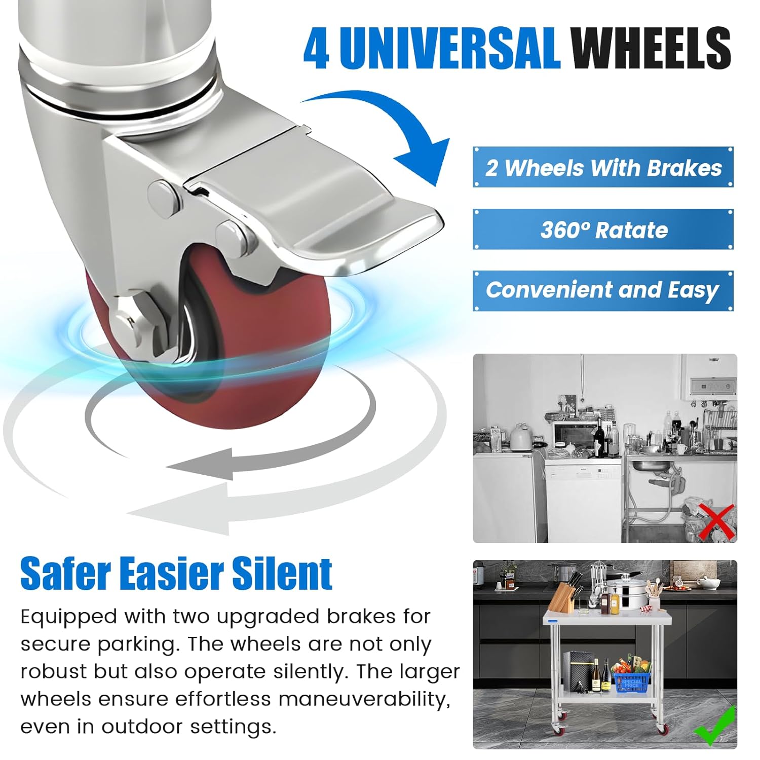Stainless Steel Table with Wheels 30 x 18 Inch NSF Commercial Stainless Steel Metal Prep Table for Restaurant Kitchen Garage