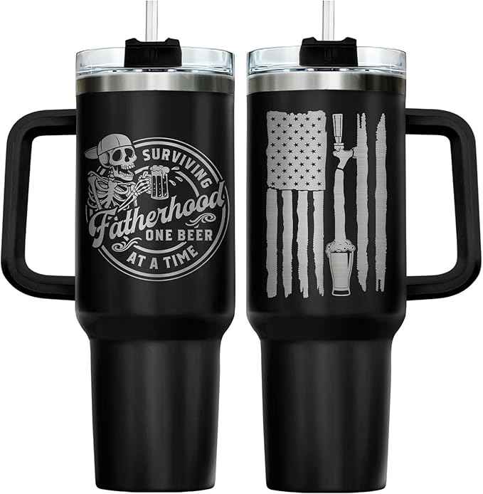34HD Fatherhood Beer Tumbler 40oz with Handle and Straw - Surviving Dad One Beer at a Time Insulated Travel Coffee Mug - Funny Daddy Gift for Father's Day Birthday Grandpa Men