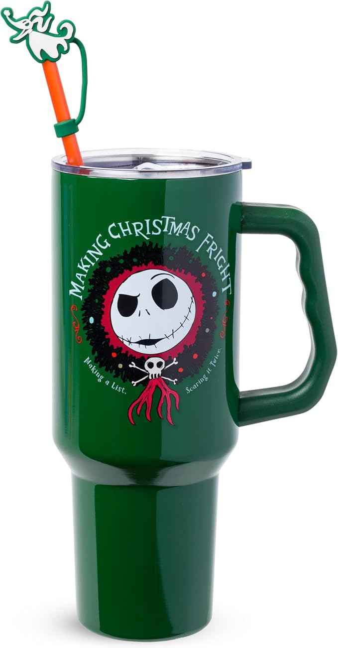 Silver Buffalo Disney Nightmare Before Christmas Making Xmas Fright Jack Skellington & Zero Double Walled Stainless Steel Tumbler w Handle, Straw, and Straw Cap, Fits in Standard Cup Holder, 40 Ounces